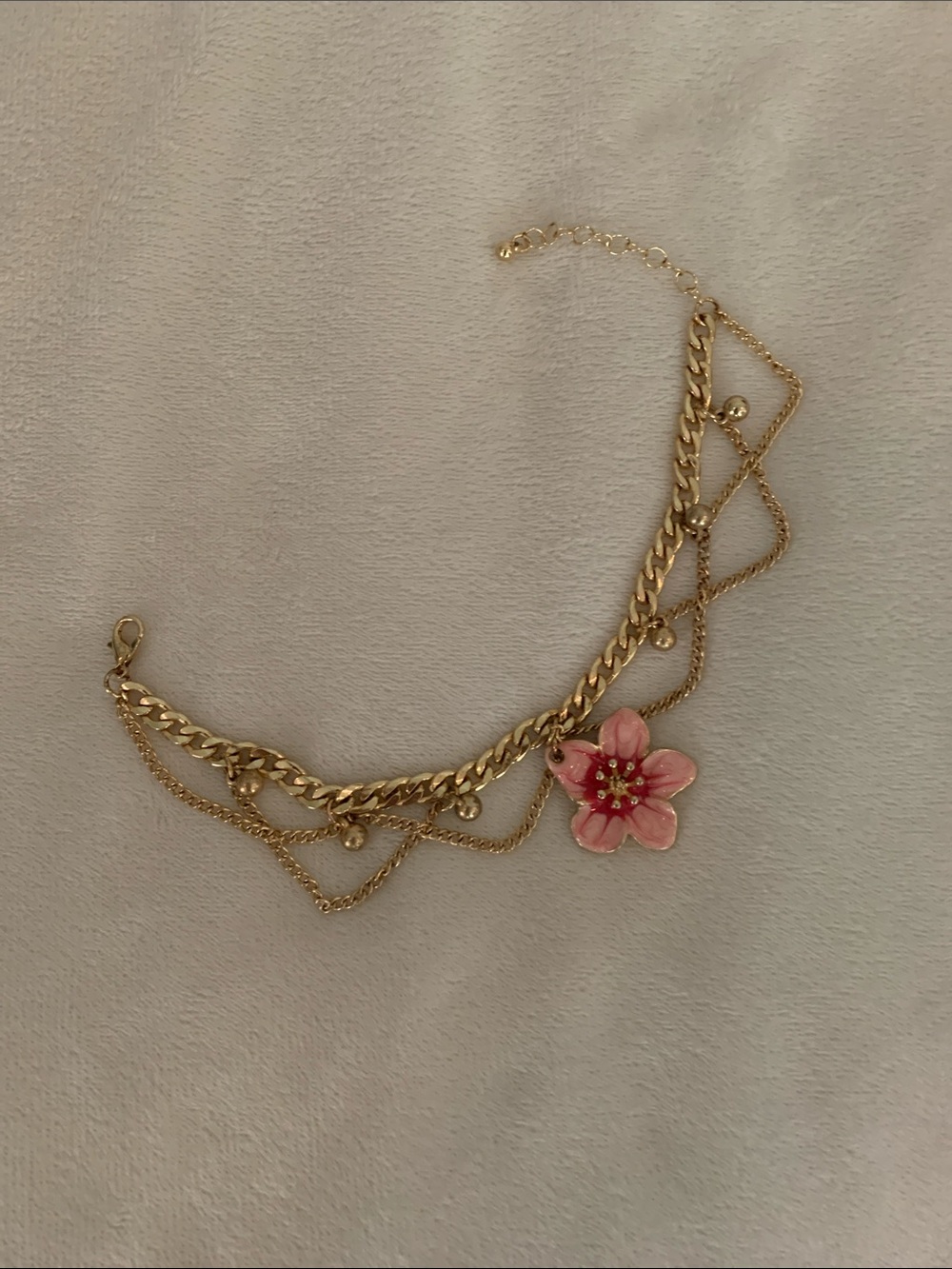 Gold-Tone Layered Necklace with Pink Enamel Flower Pendant